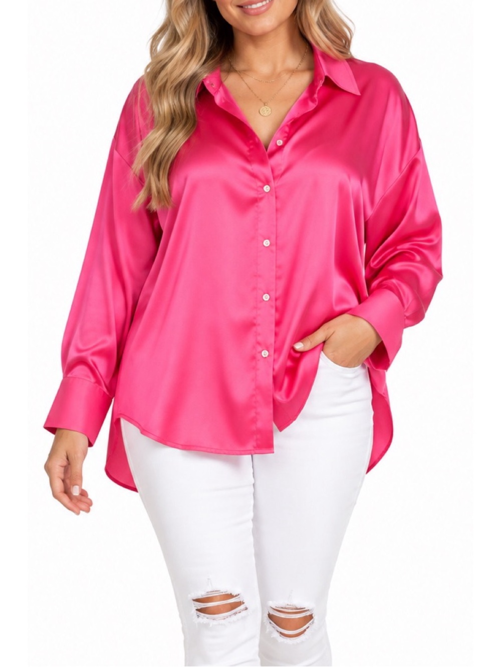 Gee Gee neon pink satin button front top